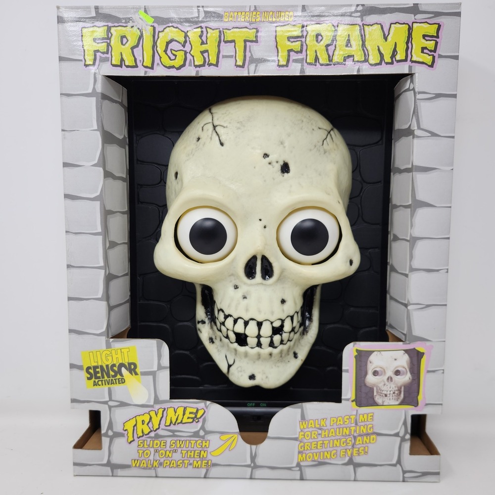 GAF Fright Frame Animated Skull Moving Eyes Talking Halloween Decor Prop Tested